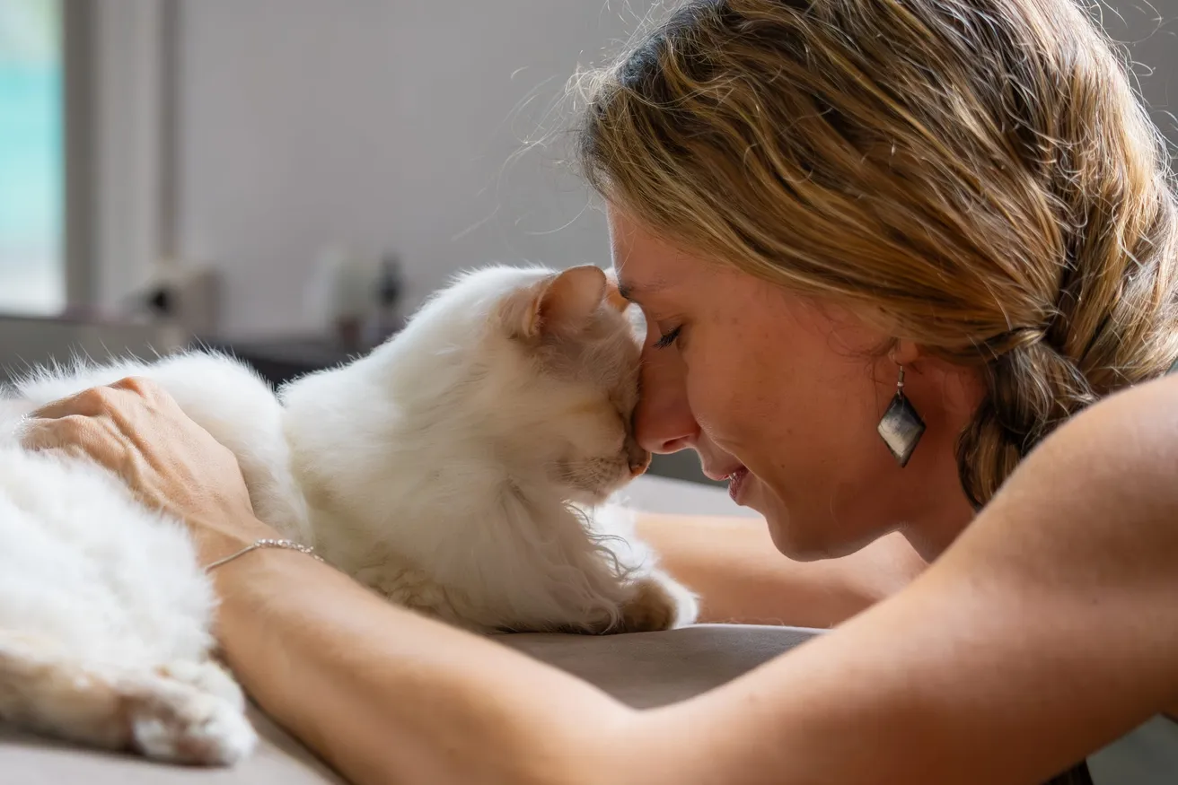 Une femme pose son front contre celui de son chat blanc, dans un intérieur lumineux